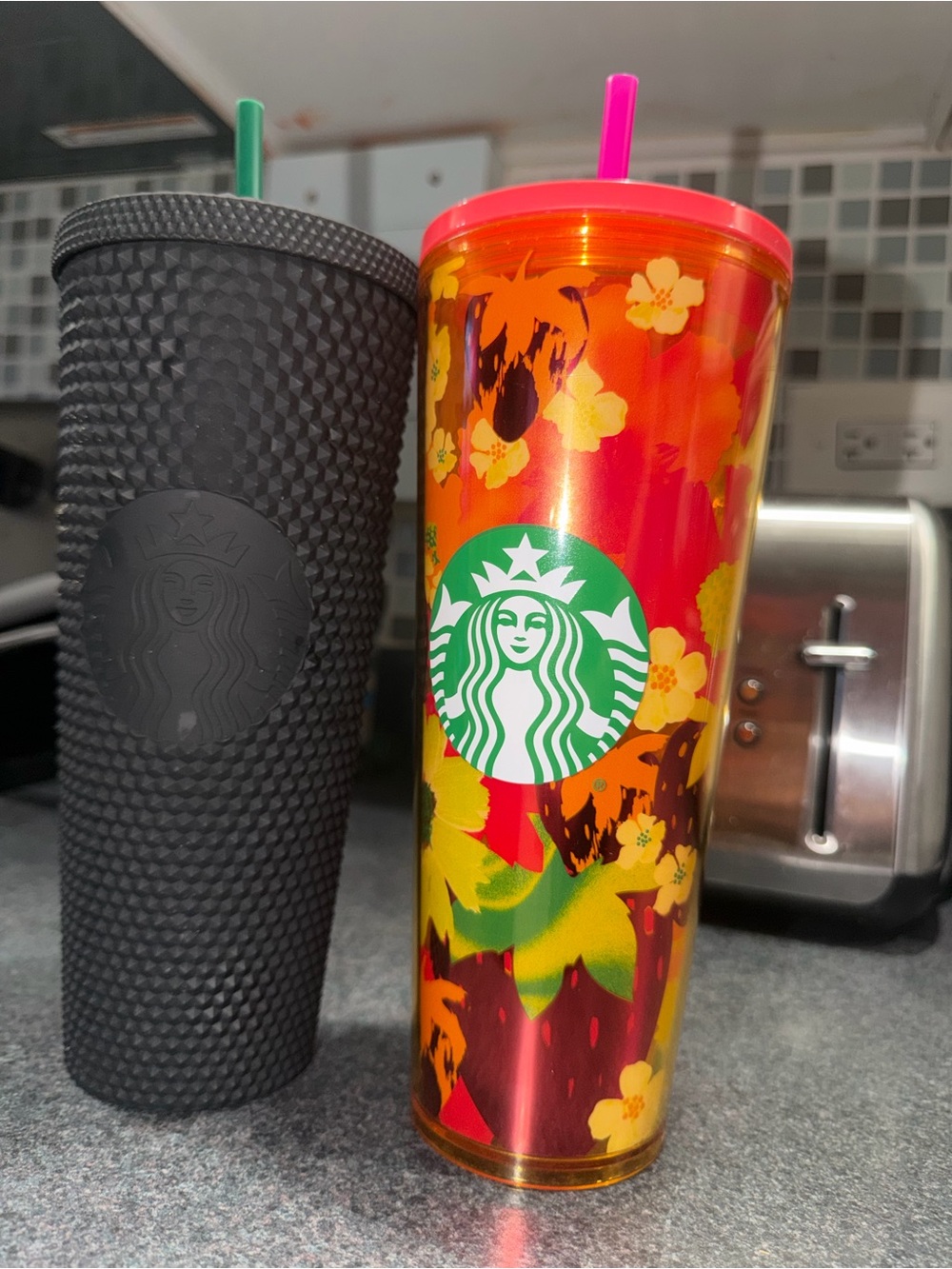 Starbucks Red Floral Acrylic Tumbler with Pink Straw